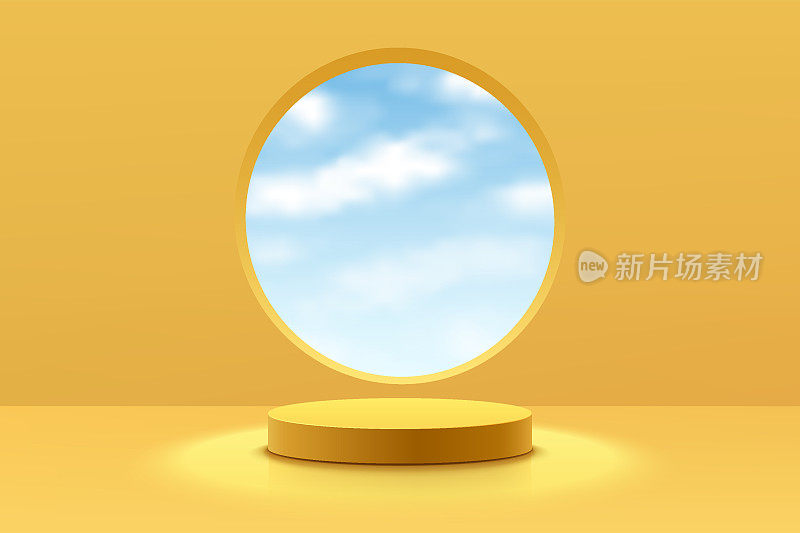 现实的黄色3D圆柱基座平台与云蓝色的天空在圆形窗口。最小场景的产品展示，推广展示。矢量抽象工作室工作室平台设计。舞台展示。