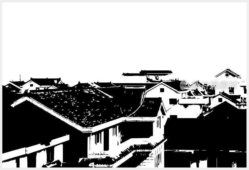黑白木刻风格的中国民居场景