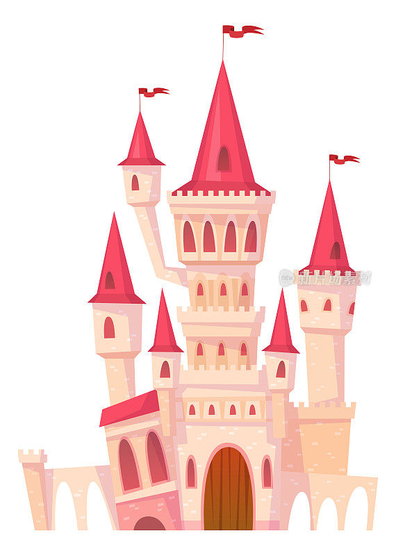 高塔的城堡。卡通风格的童话建筑