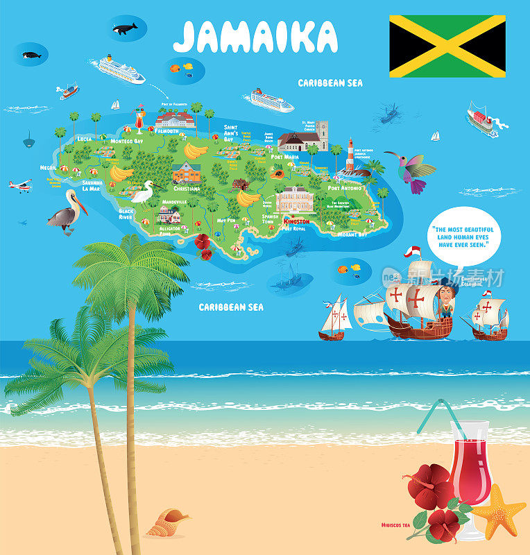 牙买加地图和克里斯托弗·哥伦布