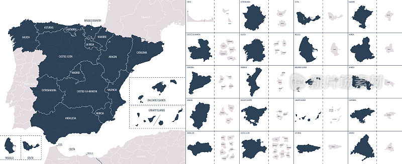 矢量彩色详细地图西班牙的行政区划，每个自治社区单独呈现，并划分为自治城市和省
