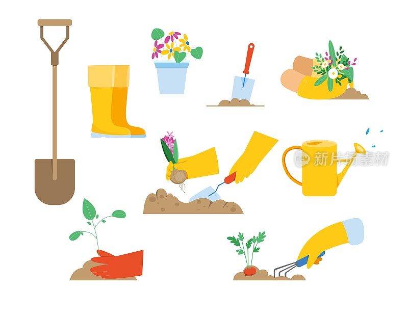 配备园艺工具，用于春季工作、种苗、浇灌植物。手在花园里摆弄植物和泥土。平面风格的矢量插图