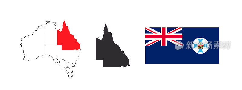 昆士兰的地图。昆士兰的旗帜。澳大利亚各州及属地。矢量图