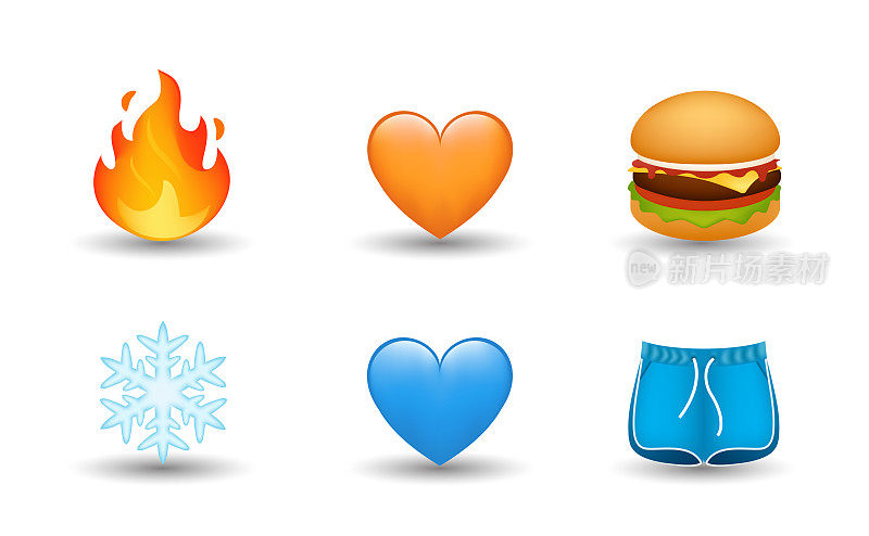 汉堡包，火焰火焰，橙色和蓝色的心，雪花，短矢量表情符号插图