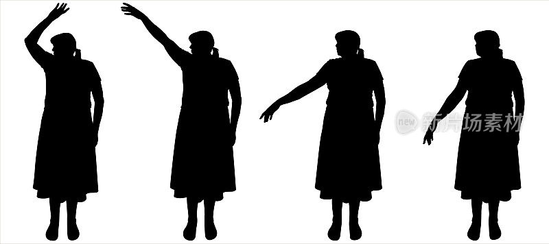 跳舞。舞蹈课。一个跳舞的女人的动作动画的姿势。留着辫子的女人，穿着裙子和短上衣或膝以下的连衣裙前视图。四个黑人女性剪影