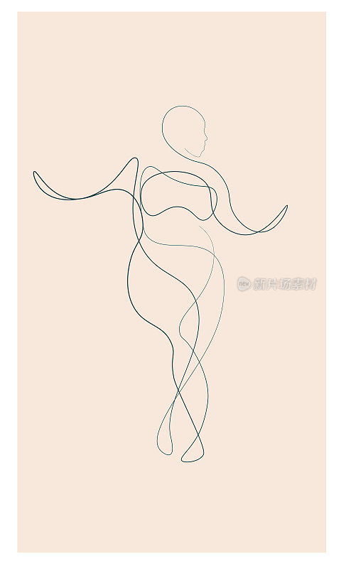 魅力是一种概念性的连续抽象线条艺术，一个表达自信的女士，黑色的直线素描孤立在米色背景上。矢量插图。