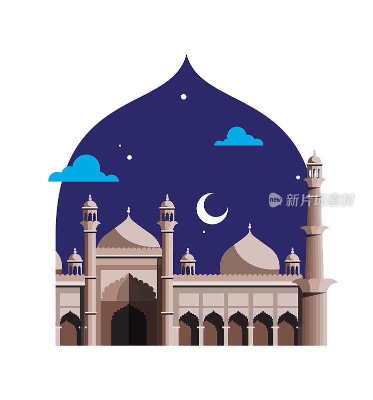 德里的贾玛清真寺，印度著名的纪念碑。彩色矢量抽象平面插图