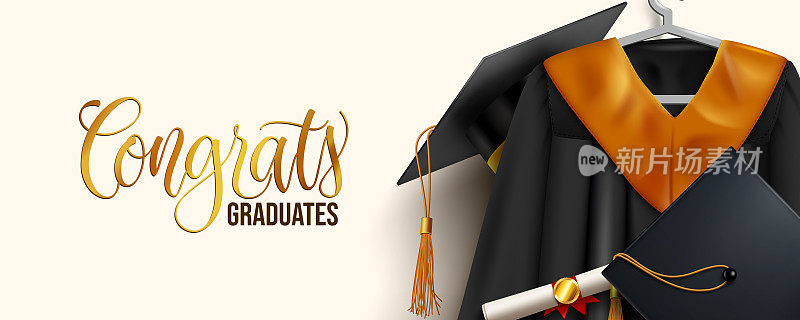 毕业问候矢量设计。祝贺毕业生的文字与毕业礼服和学士帽的元素，礼服和文凭的仪式庆祝信息。