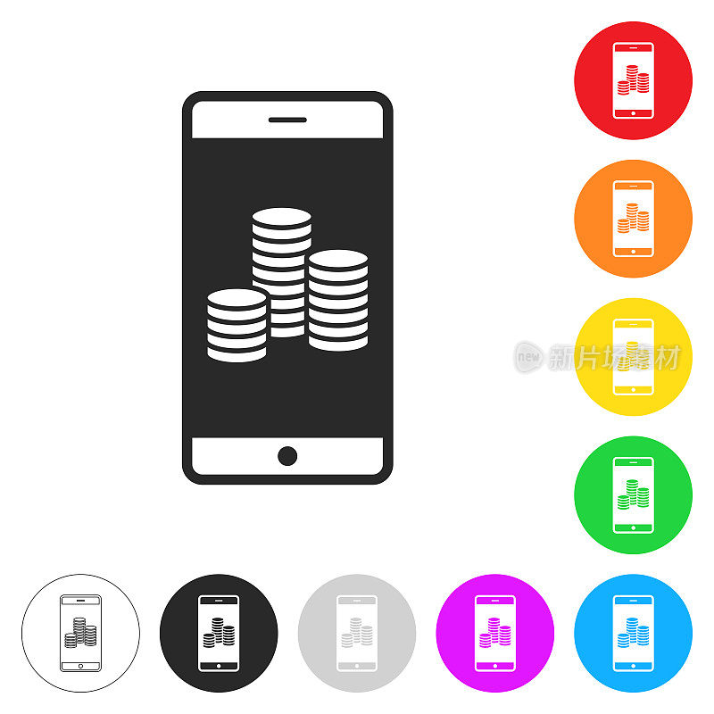 智能手机与成堆的硬币。彩色按钮上的图标
