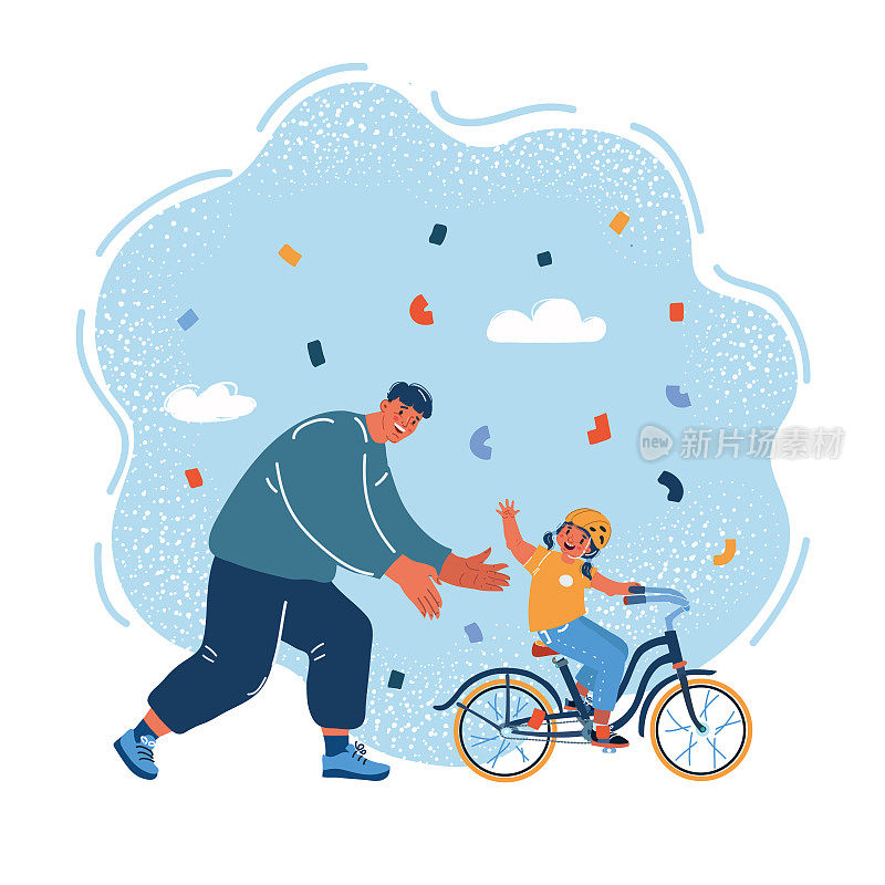快乐的父亲教他年轻漂亮的女儿骑自行车他教女儿骑自行车。父亲的一天。