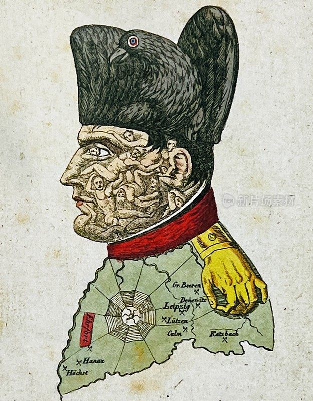 1813年莱比锡附近的万国会战后，德国人拿破仑的漫画