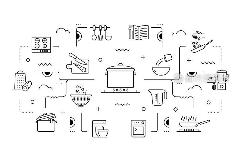 烹饪相关矢量横幅设计概念，现代线条风格与图标