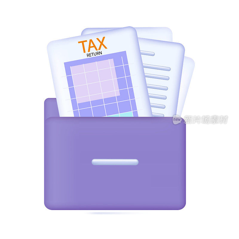 报税表在文件夹3d。提交年度报告的截止日期。会计纸质表，电子档页。网上提交报告，计算税金。最终预算，收入申报。向量