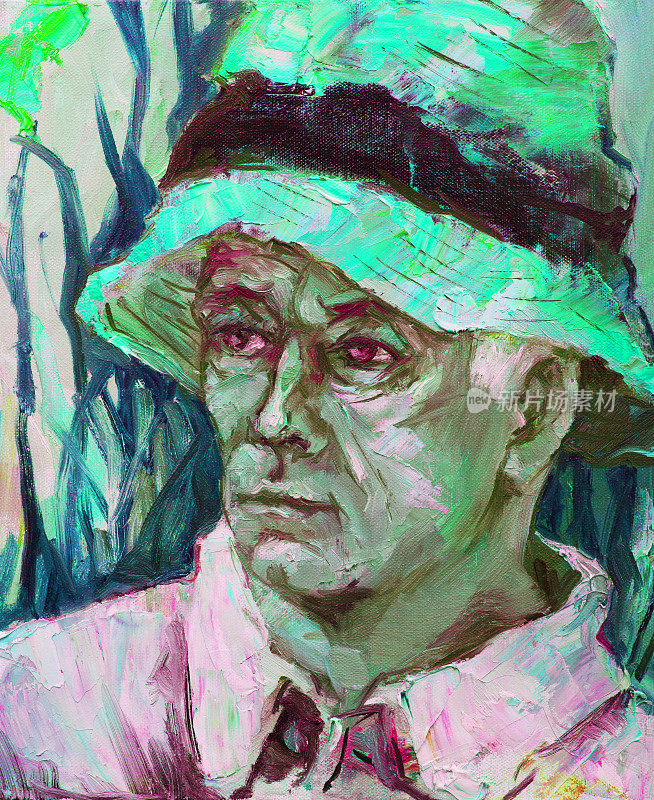 插图油画肖像，一个男人在草帽和浅色衬衫的背景与花卉景观
