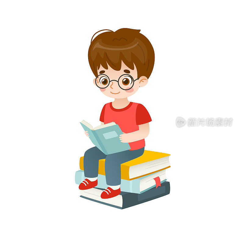 可爱的男孩坐在书堆上看书。聪明的孩子学习。可爱的学生学习。