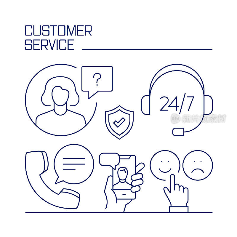 客户服务相关设计元素。使用大纲图标的模式设计。