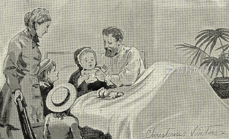 19世纪，维多利亚医疗保健中心，一家人在医院探望生病的孩子