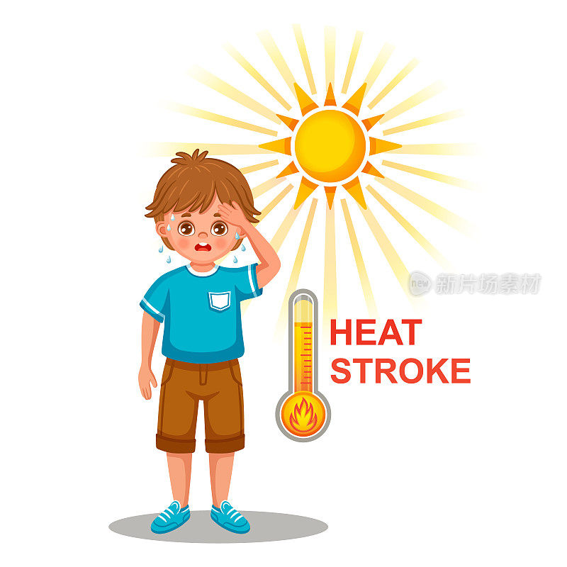 中暑或炎炎夏日的中暑。大汗淋漓的男孩中暑。在温暖的阳光下高温会有脱水的危险。阳光下过热。预防晒伤,头晕。向量