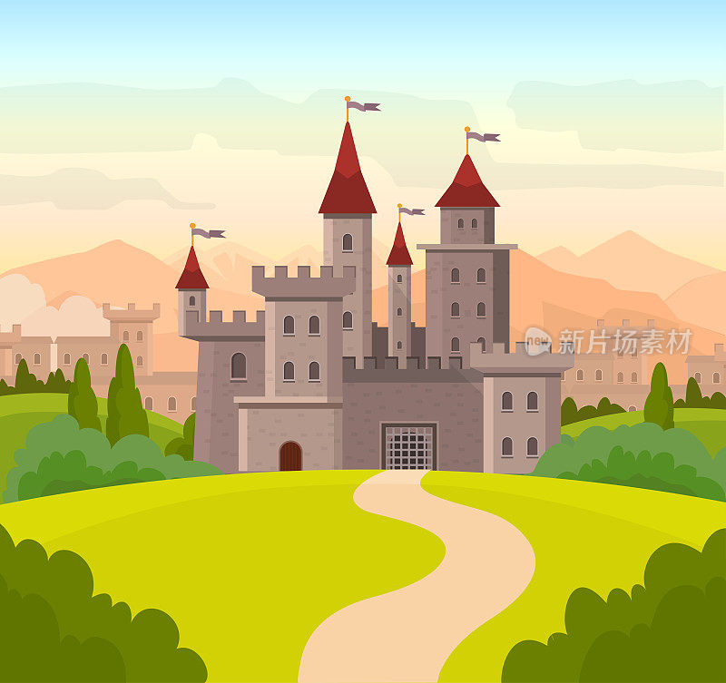 矢量插图儿童书与童话城堡。中世纪童话中神奇神奇的城堡城堡皇宫。