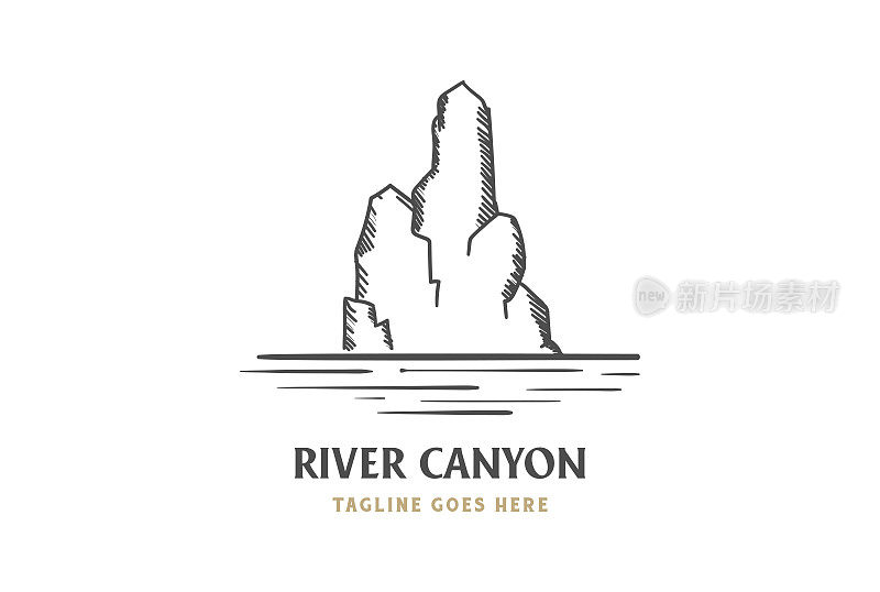 复古的岩石石头峡谷悬崖与河溪湖纹章设计向量