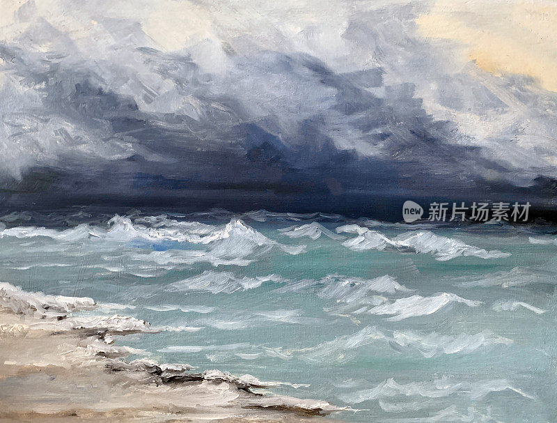 雷雨前云层海景，油画。