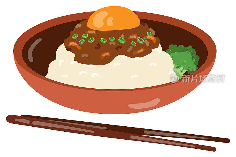 日本咖喱饭，肉，胡萝卜，洋葱和鸡蛋在碗里。手绘矢量插图。适用于网站，贴纸，菜单。