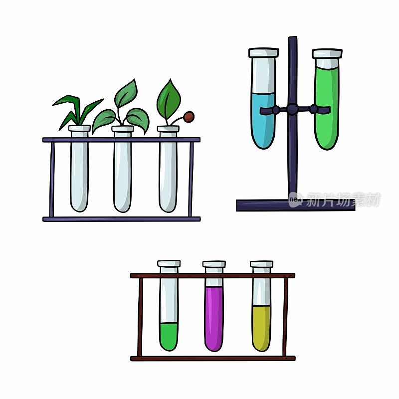 一组图片，一个生物化学实验，一个装有不同溶液的玻璃管的支架，一个矢量