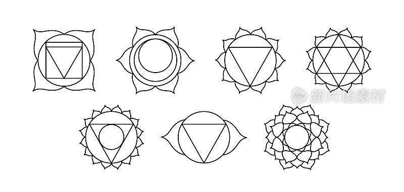 一套轮廓脉轮意味着在各种古代精神实践中使用的七个冥想轮。七脉轮线艺术