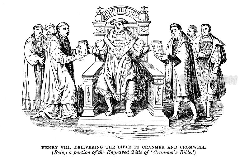 亨利八世将《圣经》赠予克兰麦和克伦威尔;16世纪英国历史