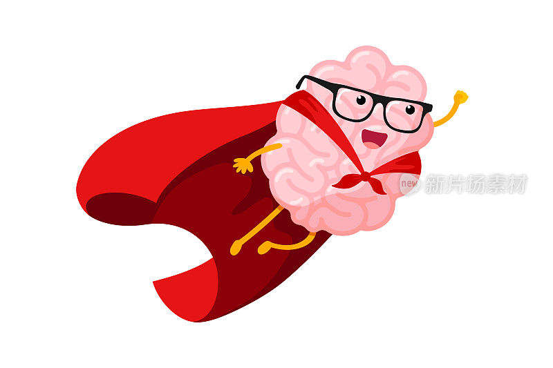 动画片中，人脑在天空中飞翔的超级英雄。戴着红色外套眼镜的聪明的中枢神经系统吉祥物超级英雄。人的心灵器官性格灵感。头脑风暴和想法概念。每股收益