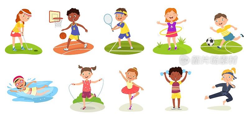 体育运动的孩子。打篮球的孩子，空手道的男孩和打高尔夫的女孩。游泳、足球和网球活动。跳绳，转圈圈，做芭蕾和矢量练习集