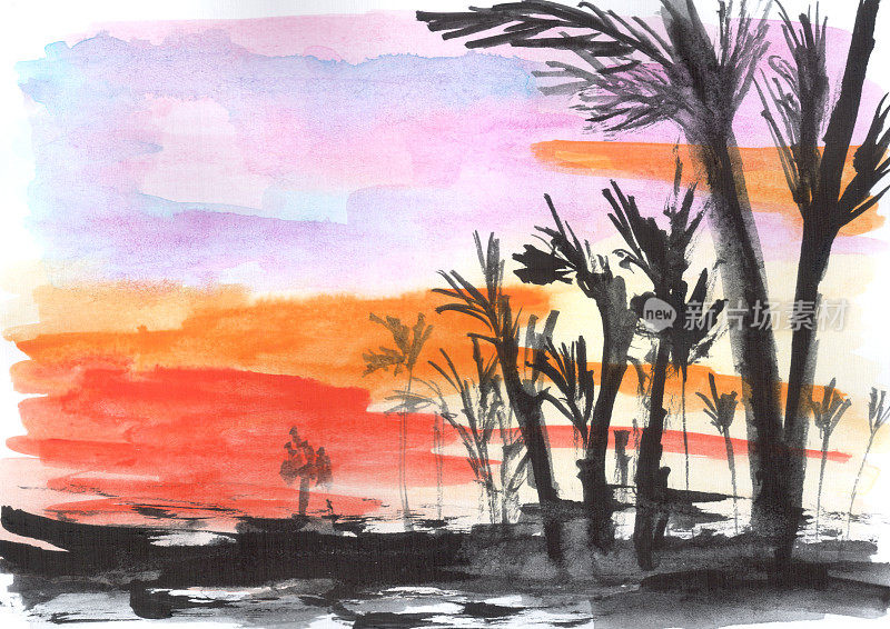 水彩背景。异域山水，棕榈树和夏日，艺术装饰，素描。插画手绘现代