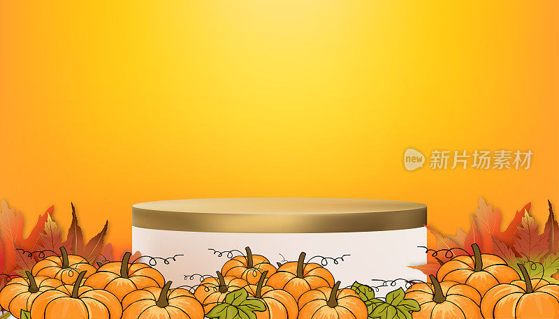 秋季背景3D平台展示圆柱体与南瓜和枫叶在橙色墙壁，矢量抽象最小的设计背景拍摄万圣节或秋季产品介绍