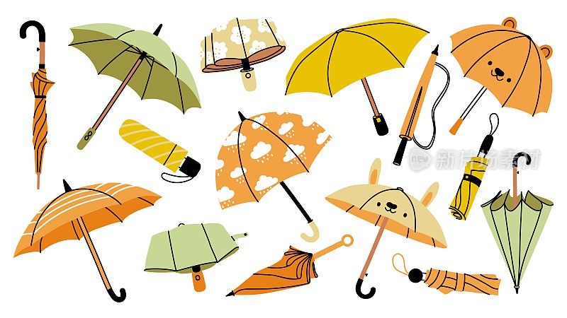 秋天的伞。卡通雨衣阳伞和雨靴适合雨天寒冷的天气，五彩缤纷的折叠式应季穿着。向量隔离设计集