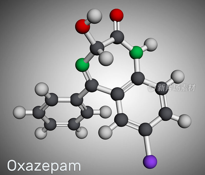 去甲羟基安定分子。它是苯二氮用于治疗惊恐障碍、严重焦虑、失眠的分子模型。三维渲染
