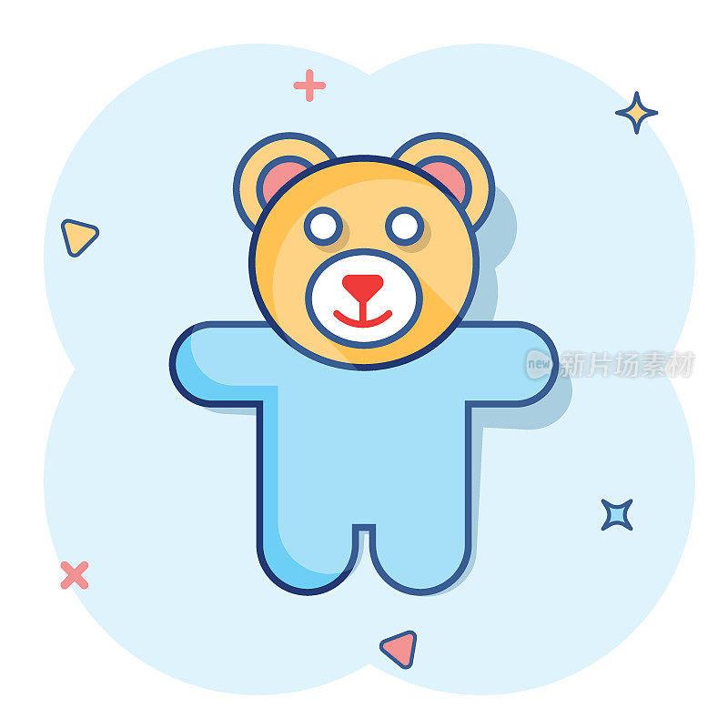 矢量卡通泰迪熊毛绒玩具图标的漫画风格。泰迪玩具标志插图象形图。熊商业溅射效应概念。