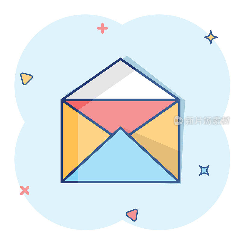 矢量卡通邮件信封图标的漫画风格。电子邮件标志插图象形图。邮件业务的飞溅效应概念。