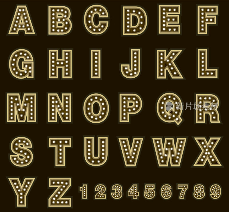 金色的剧院字母表，包括数字和灯光
