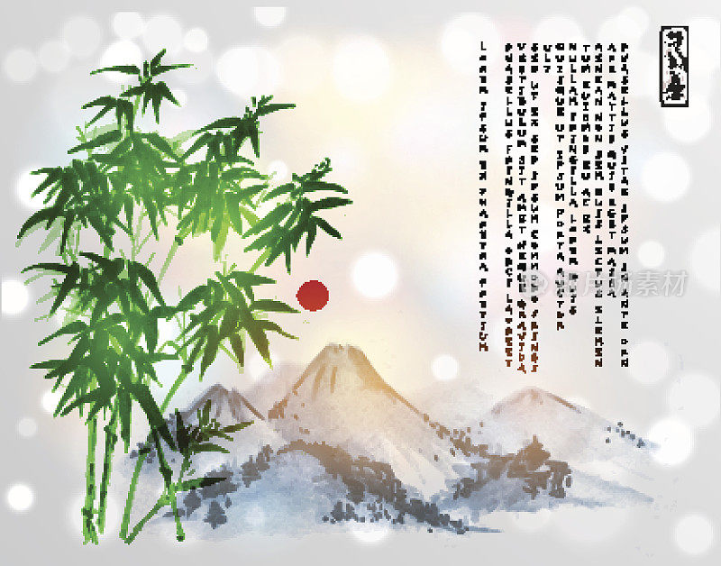 竹树和山川，用笔墨手绘在白底上