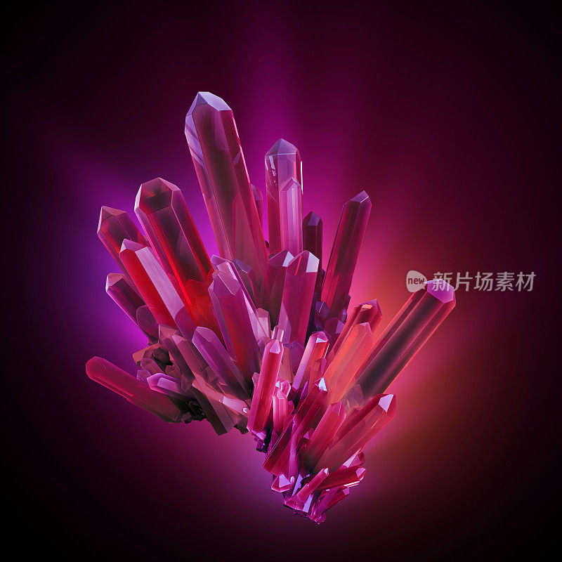 3d插图，3d渲染，红色红宝石晶体发光，抽象背景