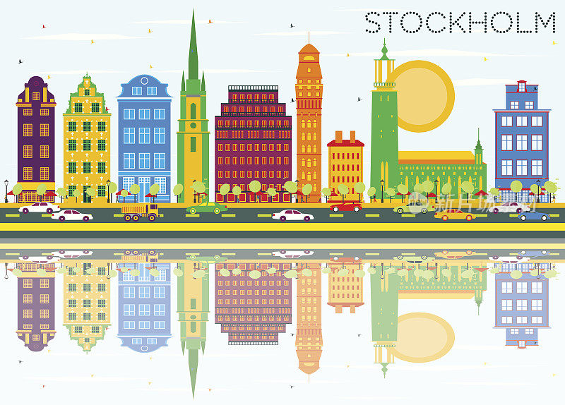 斯德哥尔摩天际线与彩色建筑，蓝天和反射