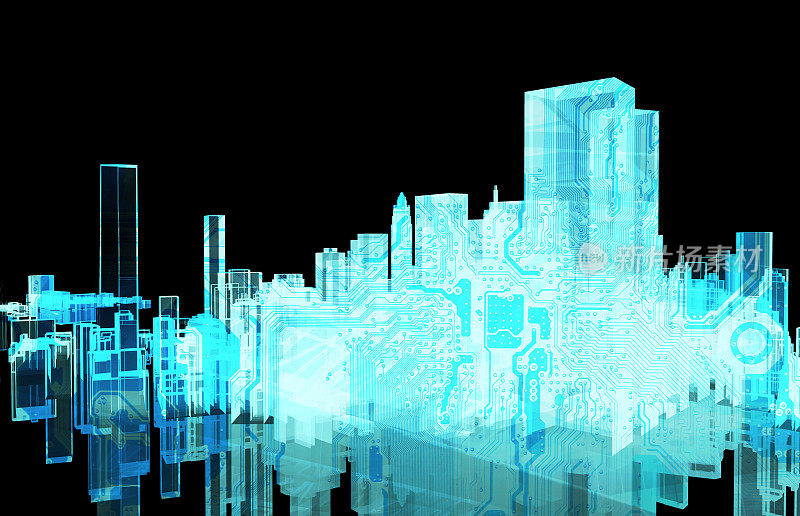 电网、智慧城市能源、电力配送链行业技术理念。建筑的3D渲染，电路板与黑色背景。