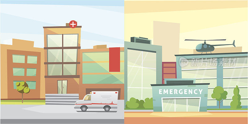 设置医院大楼卡通现代矢量插图。医疗诊所和城市背景。急诊室的外表。