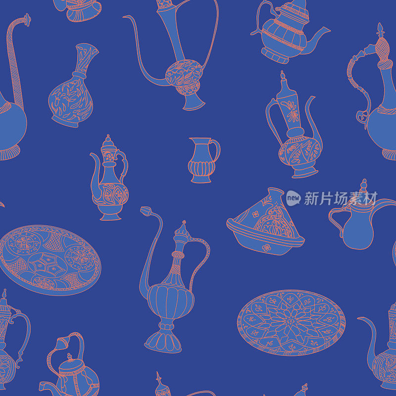 无缝蓝色和粉色矢量图案的阿拉伯陶器。