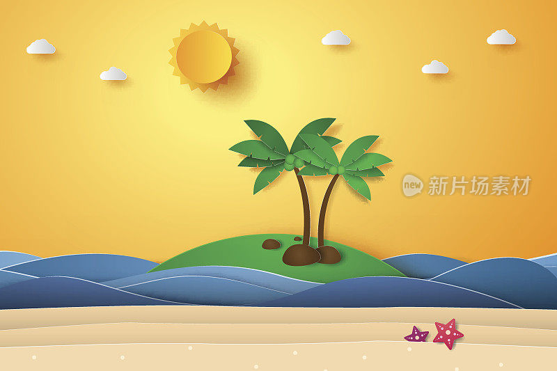 夏天，海面上有沙滩和椰子树