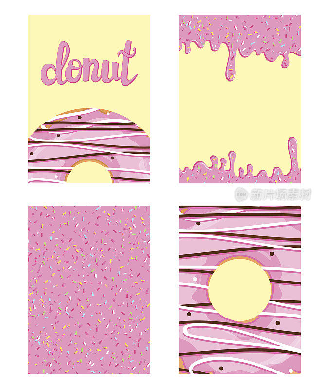 一套明亮的食物卡。一套粉红釉的甜甜圈。甜甜圈图案，背景，卡片，海报。矢量插图模板为任何设计