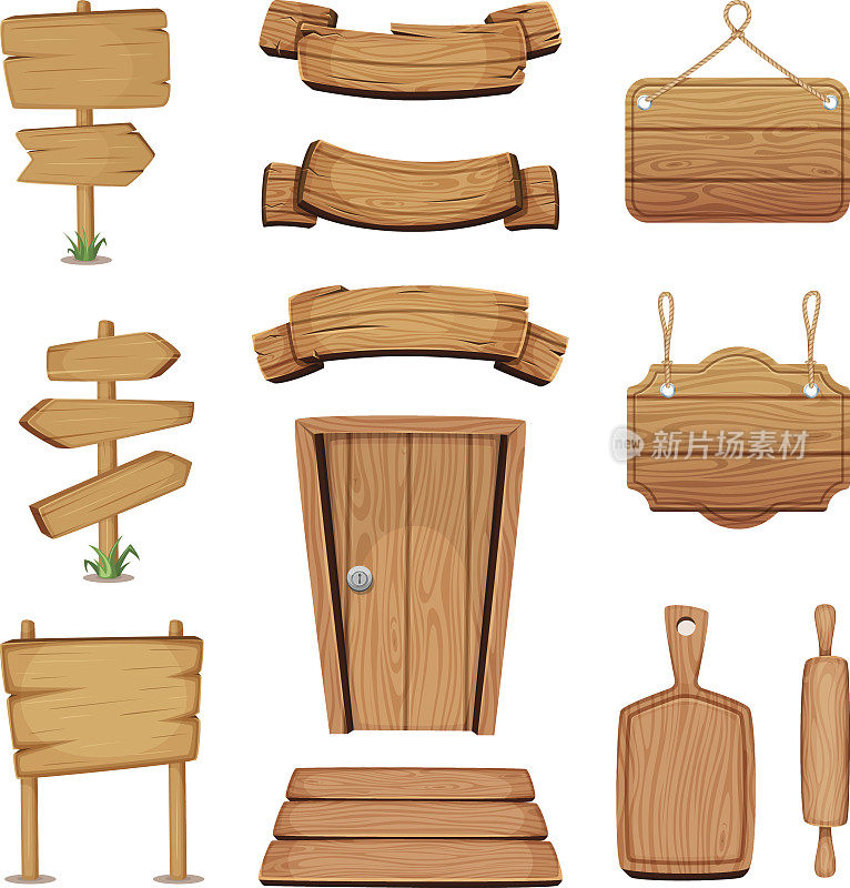 矢量插图的木制招牌，门，板等不同形状的木材纹理