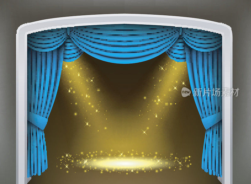 蓝色的古典戏剧窗帘与金色的聚光灯和洒