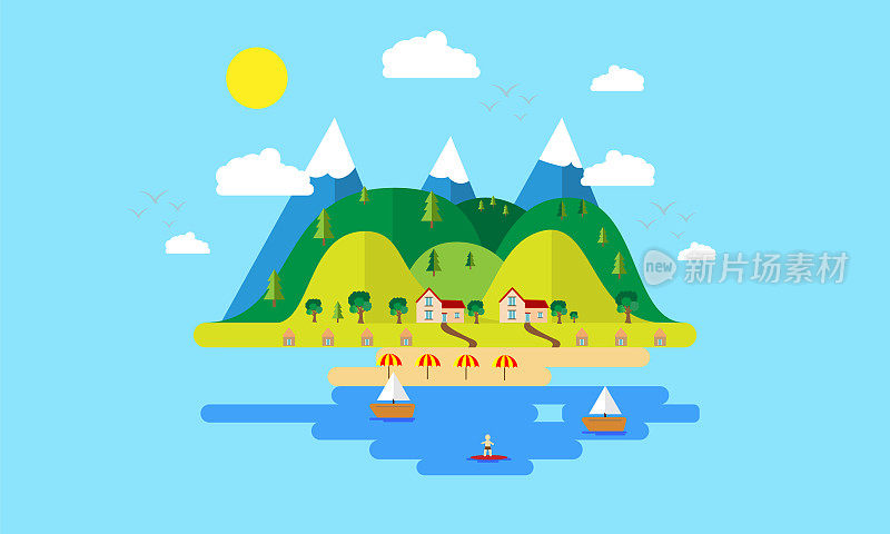 平面设计岛有山、度假村和海滩，鸟在天空中飞翔，平面概念