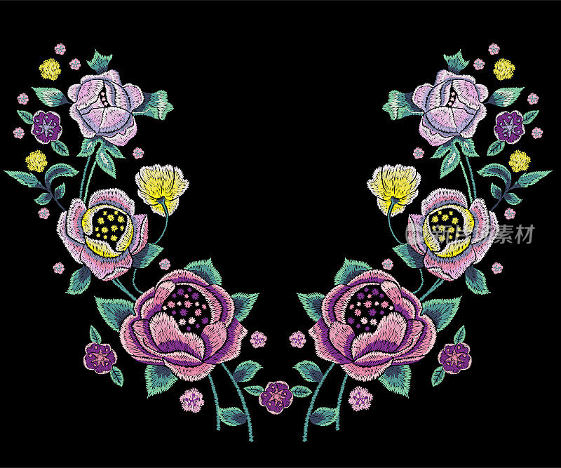 刺绣传统领口图案与苍白的玫瑰。